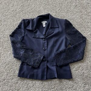 Vintage Taurus II Blazer Jacket Womens 4P Blue Floral Sheer Sleeves USA